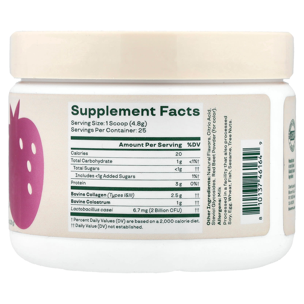 Bloom, пептиды молозива и коллагена, клубника со сливками, 120 г (4,23 унции)