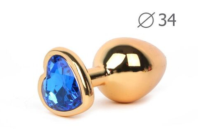Каплевидная гладкая золотистая анальная втулка с кристаллом-сердечком синего цвета - 8 см. (Цвет: синий)