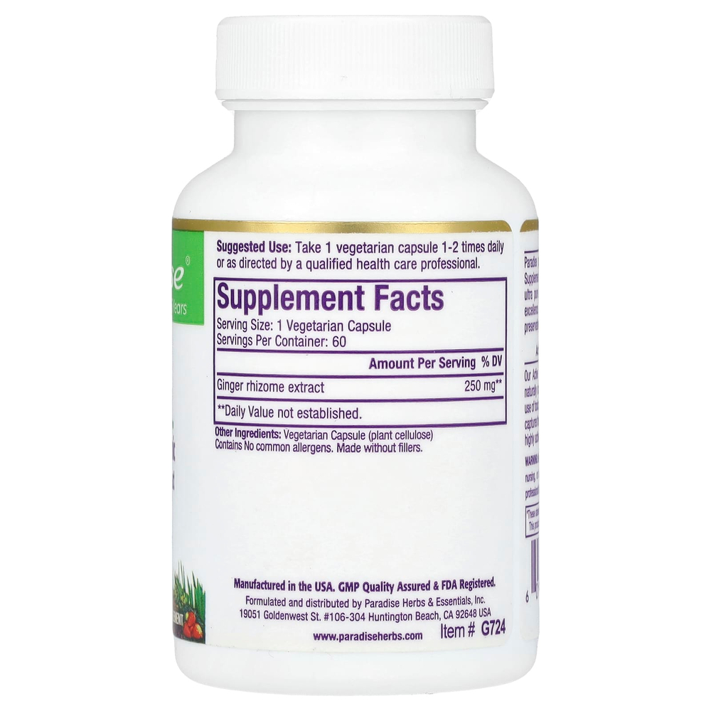 Paradise Herbs, Имбирь, 60 вегетарианских капсул (250 мг на капсулу)