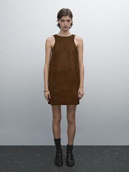 Massimo Dutti Платье мини из замши, коричневый