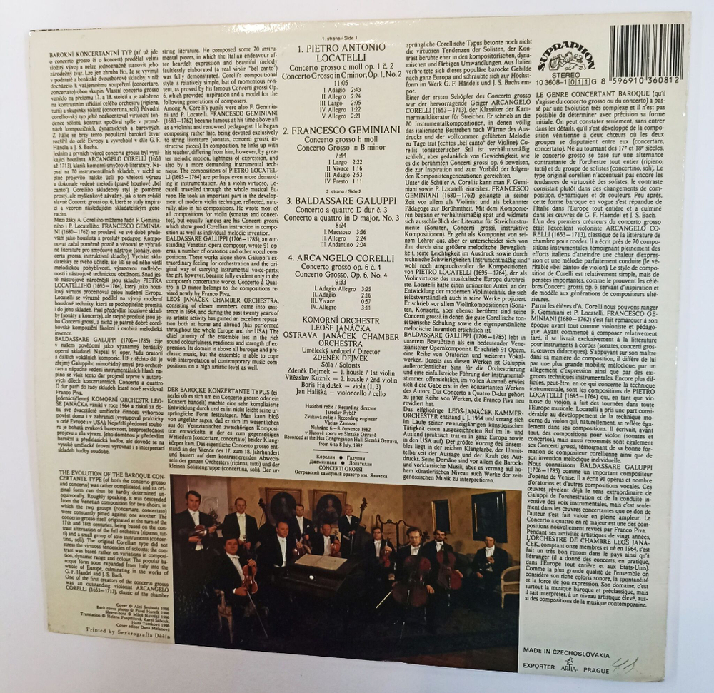 Винтажная виниловая пластинка LP Arcangelo Corelli, Baldassare Galuppi, Francesco Geminiani, Pietro Antonio Locatelli, Ostrava Janacek Chamber Orchestra Concerti Grosso (Чехословакия 1986)