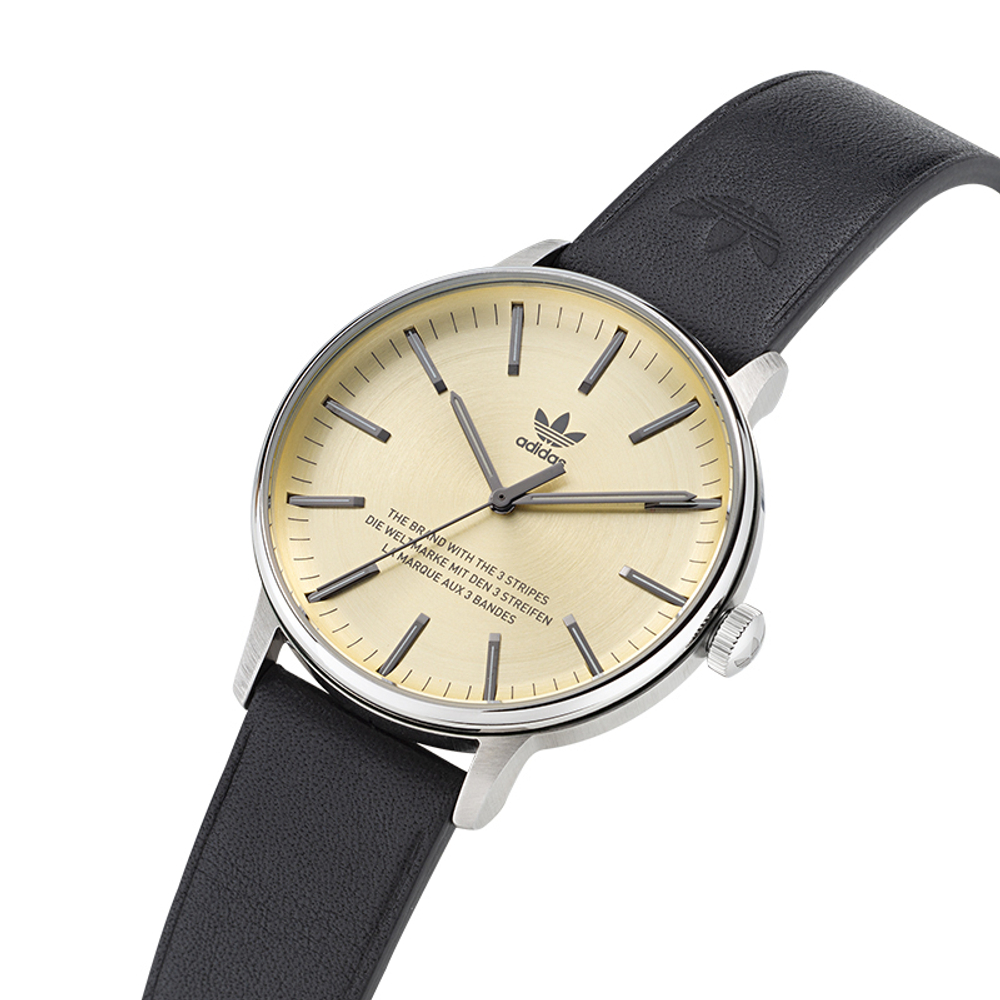 Adidas Originals Wrist Watch Quartz Movement Leather Strap Gold Dial Men"s Watches 50m Water Resistant