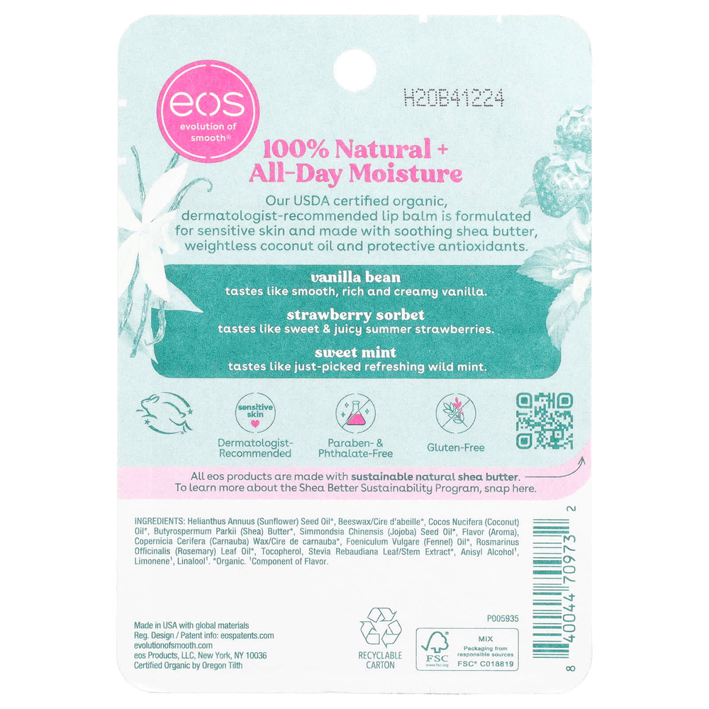EOS, 100% натуральный органический бальзам для губ, ассорти вкусов, 3 шт. по 4 г (0,14 унции)