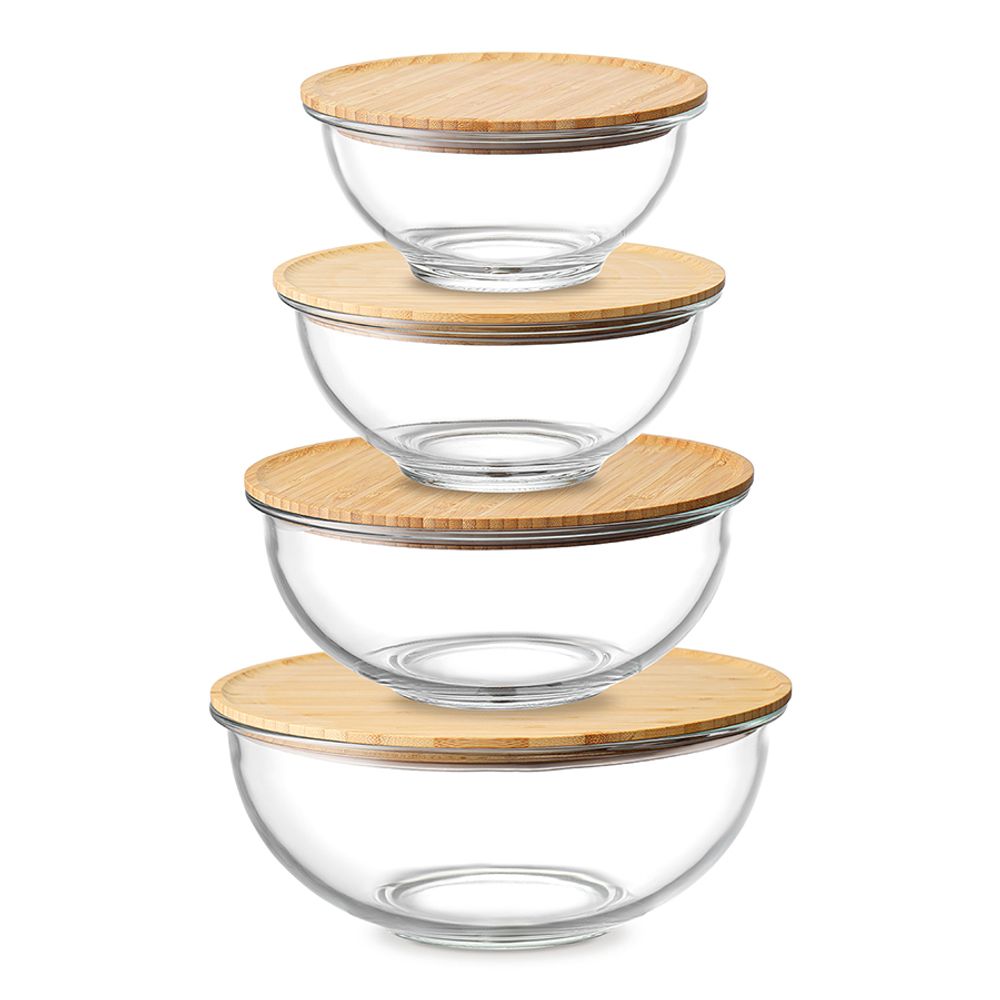 Набор из 4-х стеклянных мисок Eco Store с крышками из бамбука