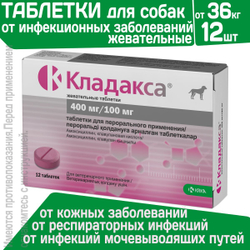 Таблетки жевательные антибактериальные широкого спектра действия для собак более 36кг Кладакса 12шт, 400мг/100мг Амоксициллин / Клавулановая кислота