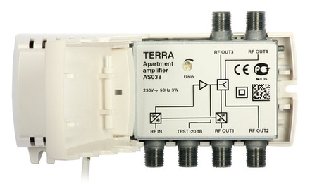 Квартирный усилитель AS038 TERRA, 4 выхода,  20 дБ, 100 дБмВ (IMD3)