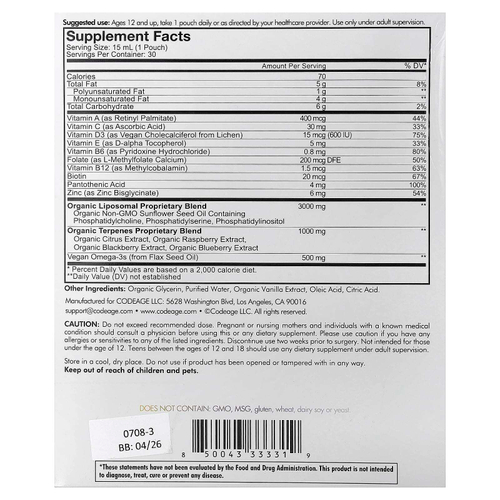 Codeage, Nano Foods, ежедневная формула для подростков, липосомальная доставка, незаменимые витамины и омега-3, ягоды, 30 пакетиков по 15 мл (0,5 жидк. унц.)