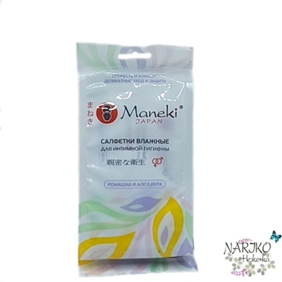 Салфетки влажные для интимной гигиены Maneki Kaiteki с Алоэ и Ромашкой, 15 штук в индивидуальной упаковке.