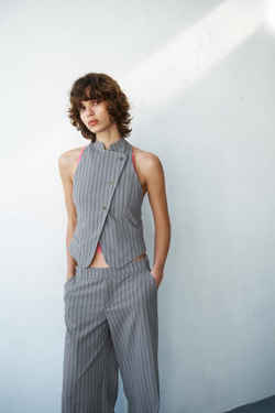 ZARA БРЮКИ КЛЕШ В ТОНКУЮ ПОЛОСКУ, СЕРО-СИНИЙ