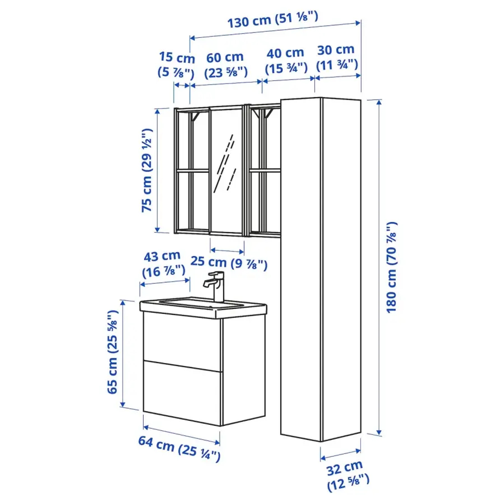 Комбинация для ванной - IKEA ENHET, 64х43х65 см, белый/имитация дуба, ЭНХЕТ ИКЕА