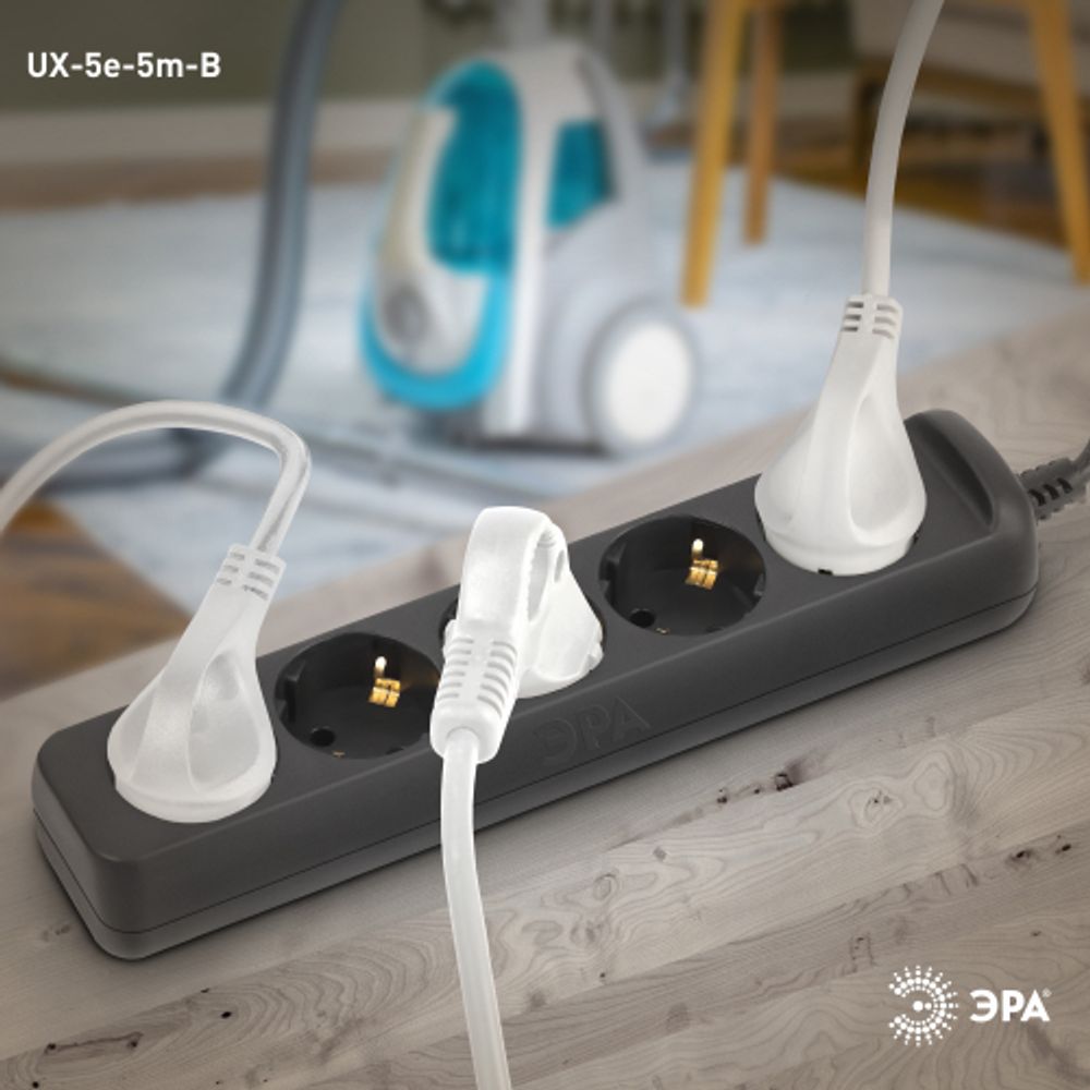 Удлинитель электрический ЭРА UX-5e-5m-B с заземлением 5 розеток 5 м ПВС 3х0,75мм2 10А черный | Бытовые удлинители