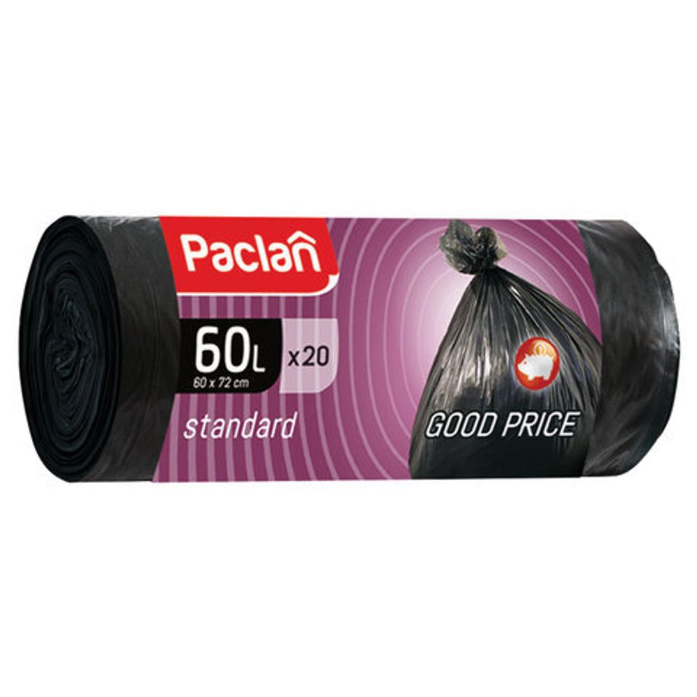 Мешки для мусора 60 л, черные, в рулоне 20 шт., ПНД, 7,4 мкм, 60х72 см, PACLAN "Standard"