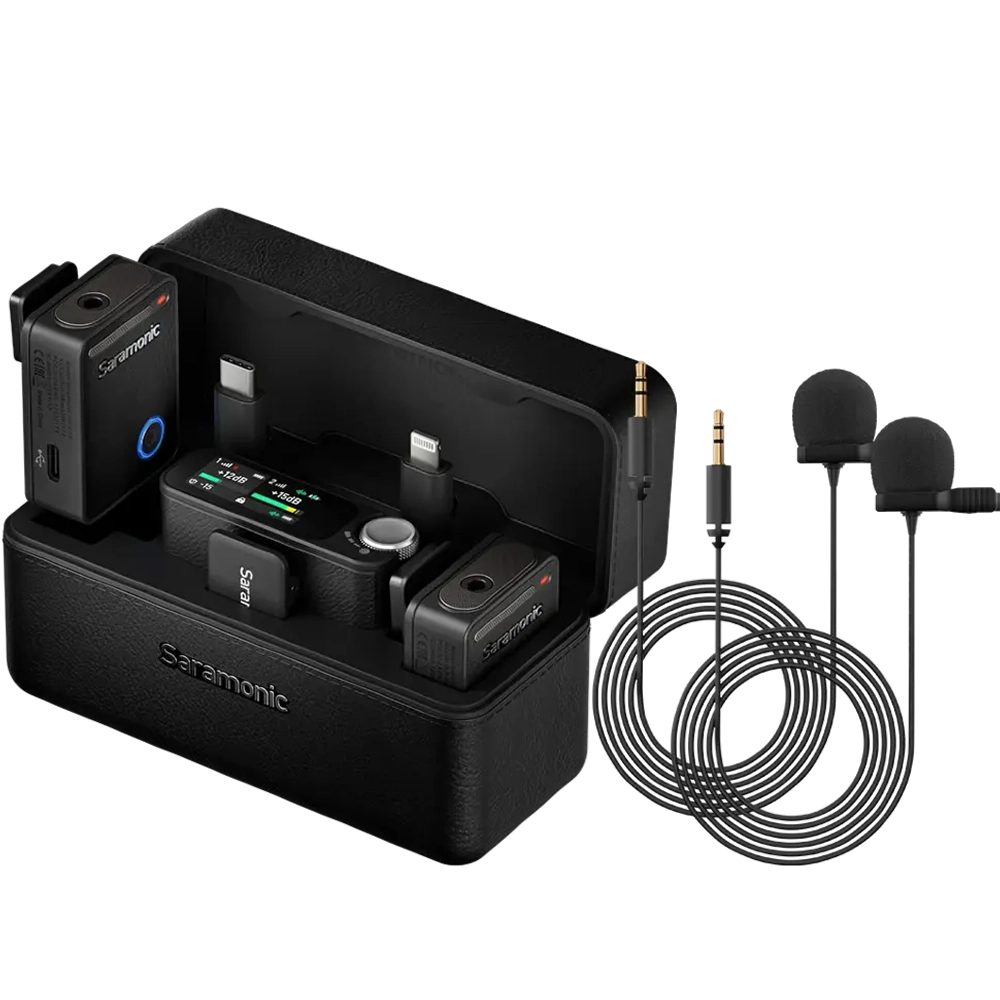 Радиосистема Saramonic Ultra 03 (TX+TX+RX) 2,4Гц приемник + 2 передатчика в зарядном кейсе + 2 петличных микрофона, 3,5мм/USB-C/Lightning, микрофон петличка для блогера, стрима, интервью, цвет черный