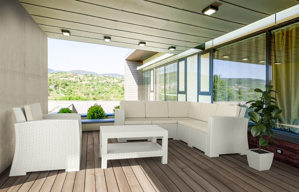 Диван пластиковый плетеный угловой с подушками Siesta Contract Monaco Lounge Corner, белый