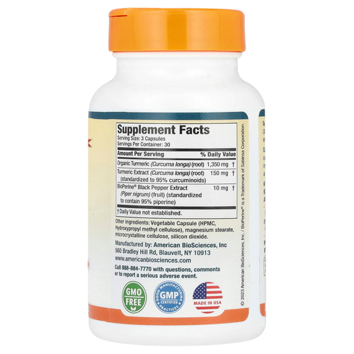 American Biosciences, куркумин из куркумы премиального качества США, 90 вегетарианских капсул