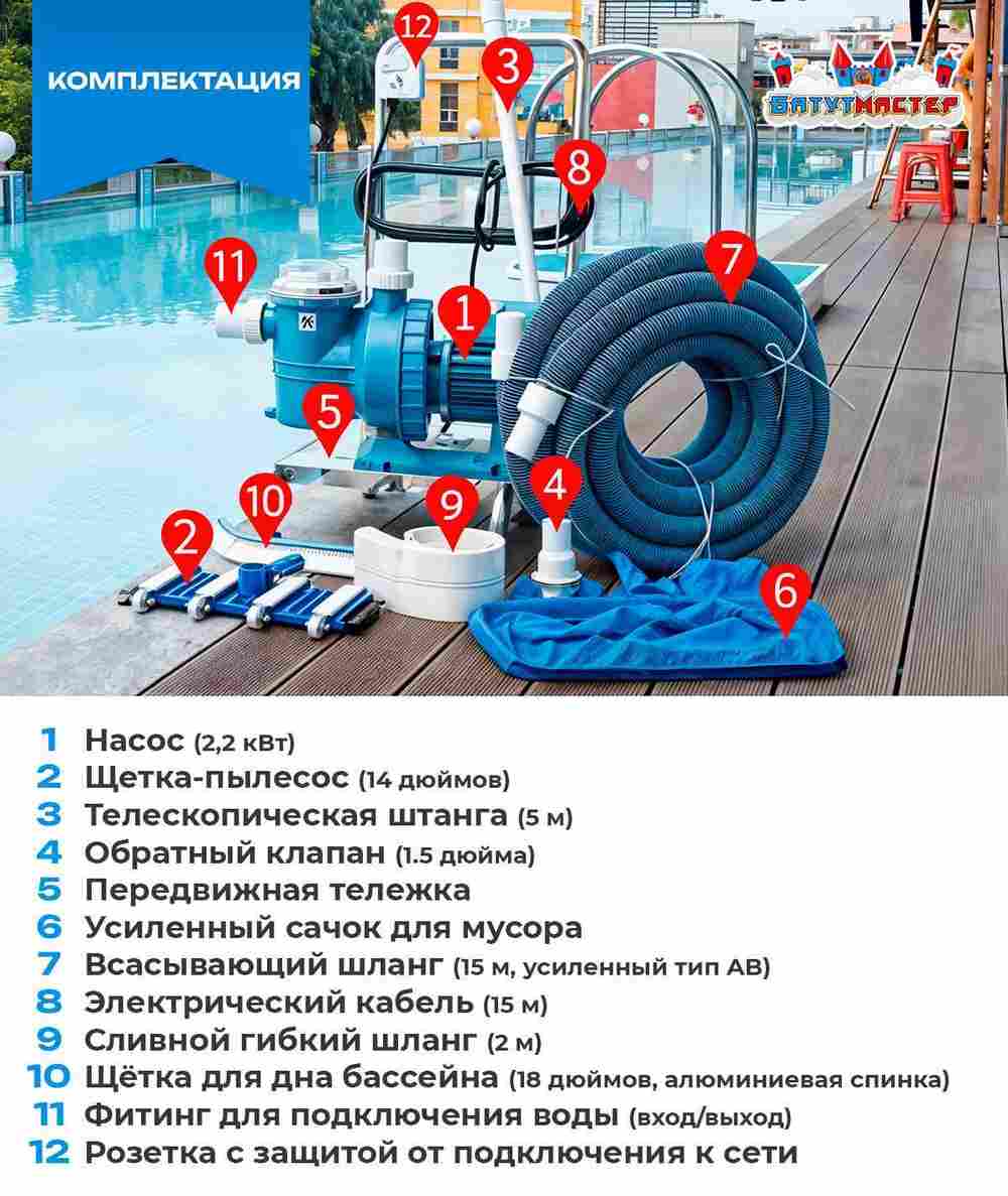 Набор для чистки бассейна с насосом 2,2 кВт и пылесосом — до 250 м²