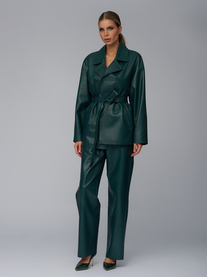 Женские кожаные брюки тёмно-зелёные прямого кроя