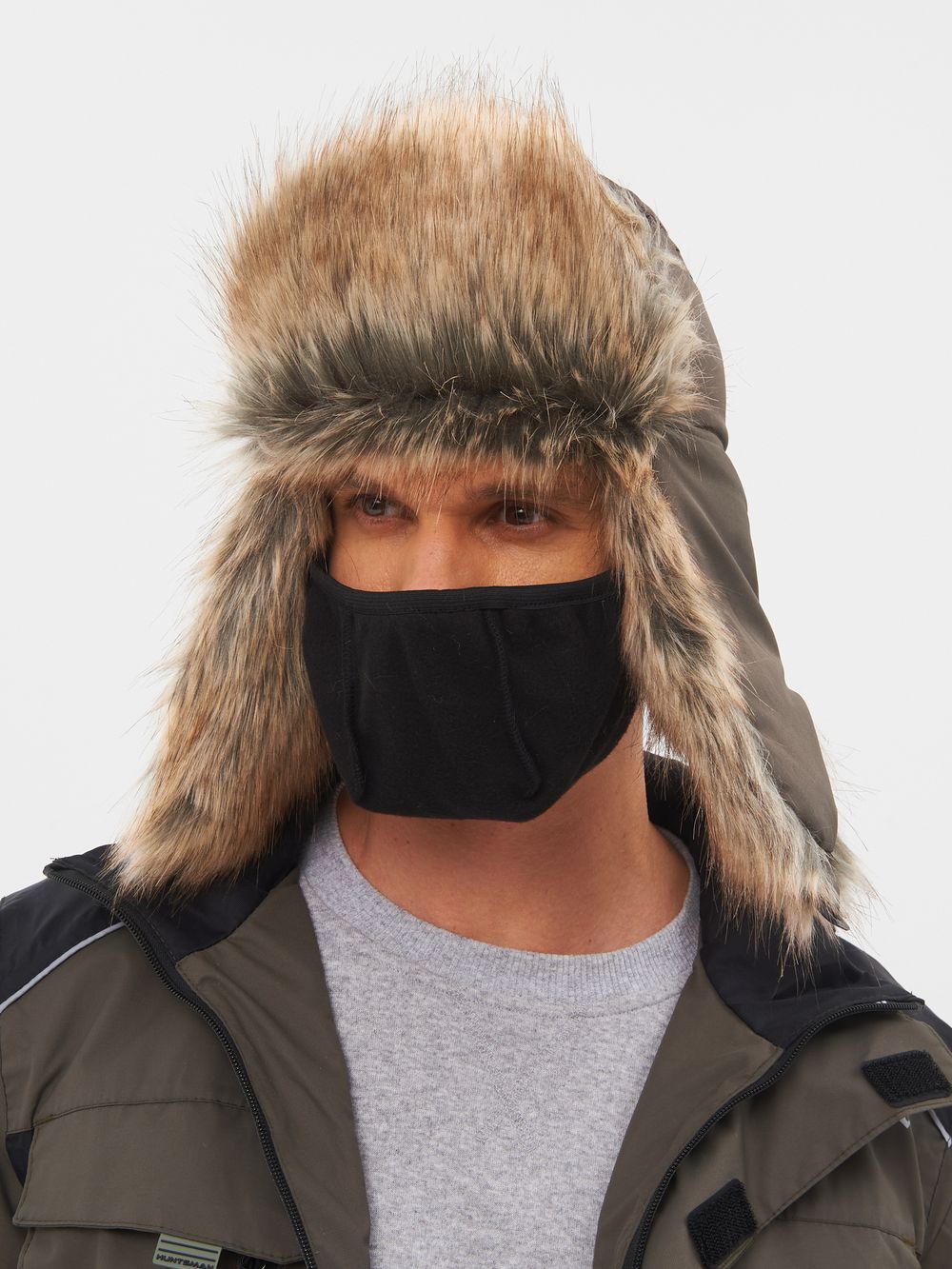 Шапка ушанка с маской Евро Енот ткань Taslan цвет Хаки