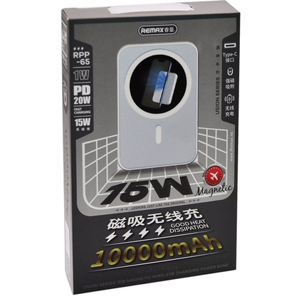 Аккумулятор внешний 10000mA REMAX Magnetic RPP-65 (Type-C вход, 3A,15W,PD,MagSafe) белый