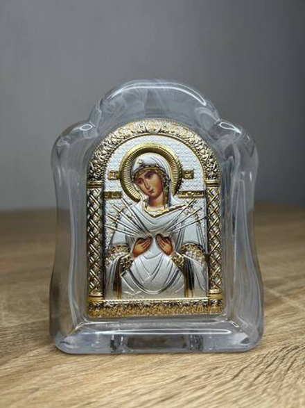 Семистрельная БМ, икона арочная, белое муранское стекло 103х147