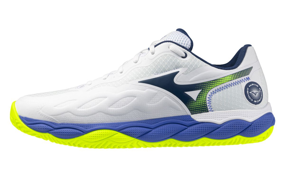 Мужские теннисные кроссовки Mizuno Wave Enforce Court CC - white/dazzling blue/light yellow