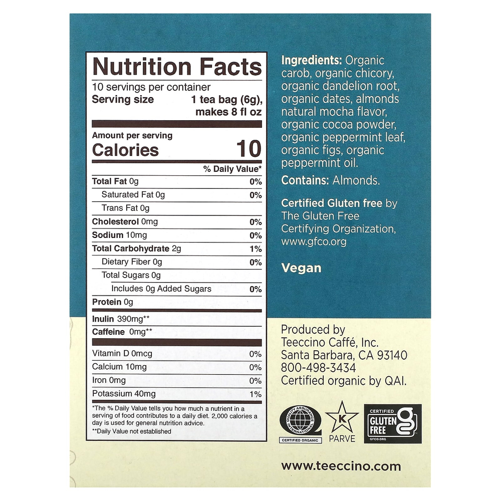 Teeccino, Обжаренный травяной чай, одуванчик, мокко и мята, без кофеина, 10 чайных пакетиков, 60 г (2,12 унции)