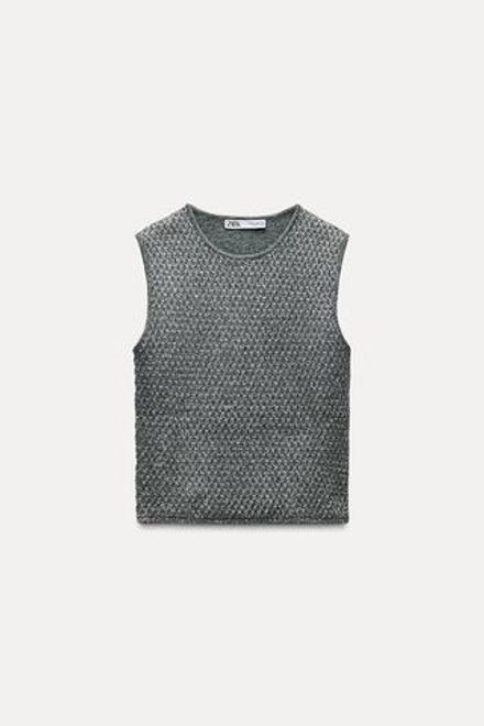 ZARA ТРИКОТАЖНЫЙ ТОП С БЛЕСТЯЩЕЙ НИТЬЮ И ПАЙЕТКАМИ, СЕРЕБРИСТЫЙ