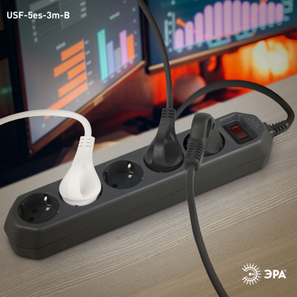 Сетевой фильтр ЭРА USF-5es-3m-B с базовой защитой с заземлением с выключателем 5 розеток 3м 10А черный | Сетевые фильтры
