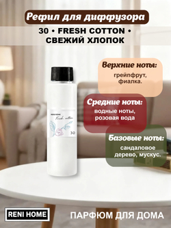30 Рефил для диффузора /сменный блок для аромадиффузора RENI HOME Fresh cotton Свежий хлопок, 100 мл