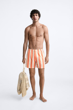 ZARA ПЛАВКИ КЛАССИЧЕСКОГО КРОЯ В ПОЛОСКУ, ОГНЕННО-КОРАЛЛОВЫЙ