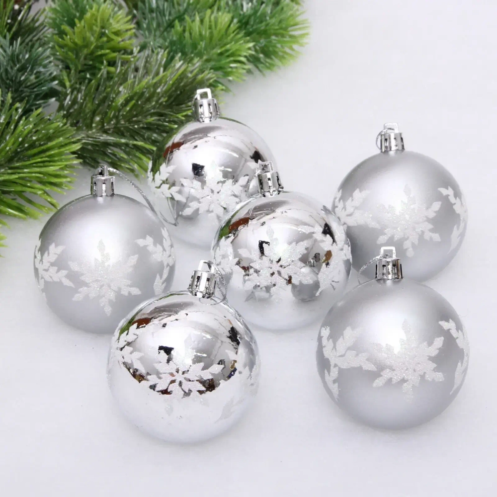 Новогодние шары «Снежный шарм» 6 см (набор 6 шт), Серебро