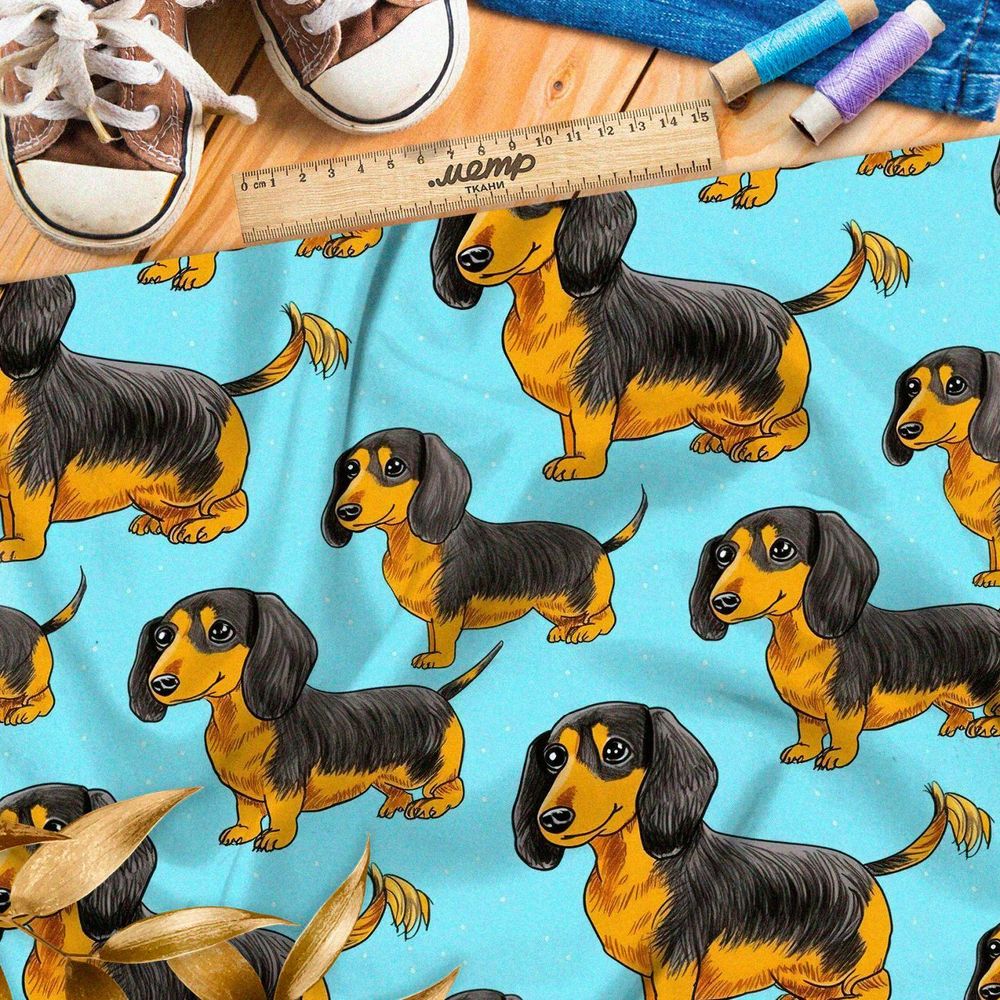 Ткань премиум таффета таксы на голубом