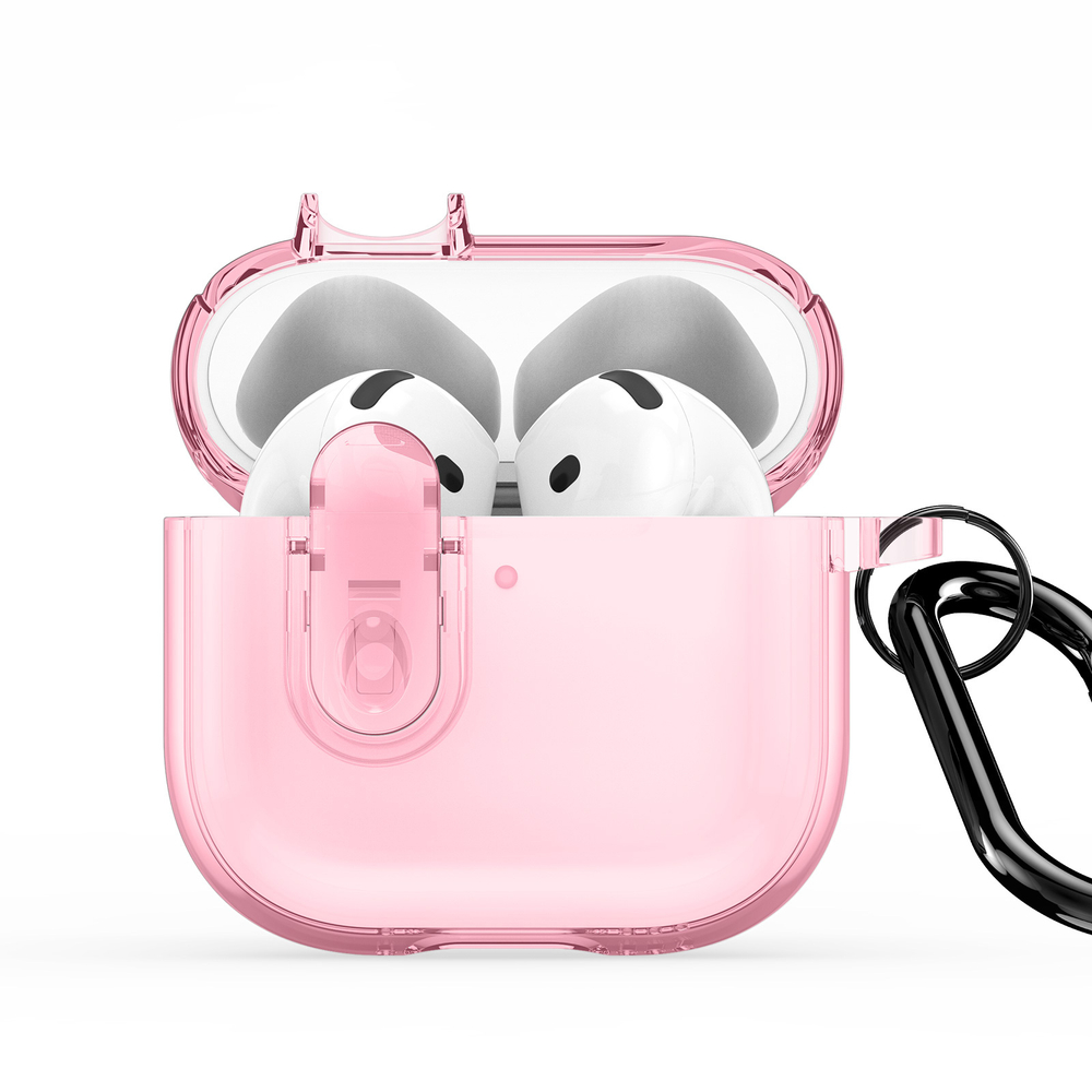 Прозрачный чехол розового цвета от Dux Ducis для наушников AirPods 4, серия PECL Series Case, в комплекте с карабином