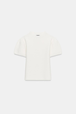 ZARA ТРИКОТАЖНЫЙ ТОП С ОБЪЕМНЫМИ РУКАВАМИ, БЕЛЫЙ