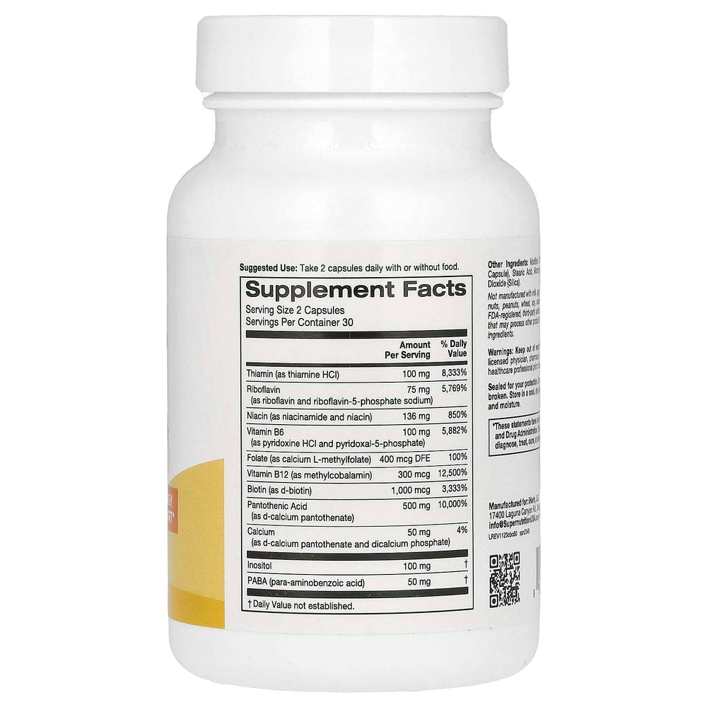 Super Nutrition, полный комплекс витаминов группы B с L-метилфолатом, 60 растительных капсул