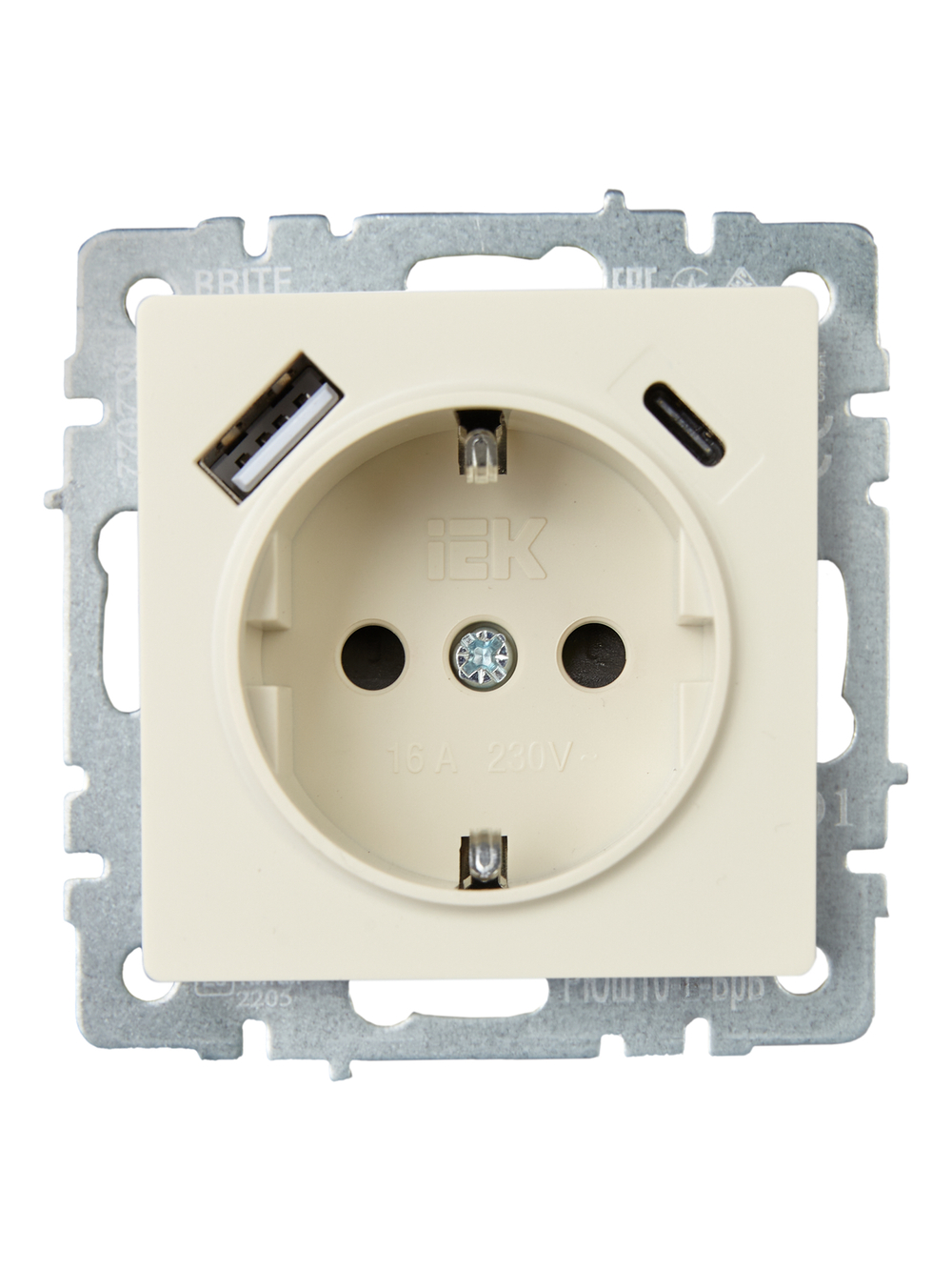 BRITE Розетка 1-местная с заземлением с защитными шторками 16А с USB A+C 18Вт РЮш11-1-БрКр бежевый IEK