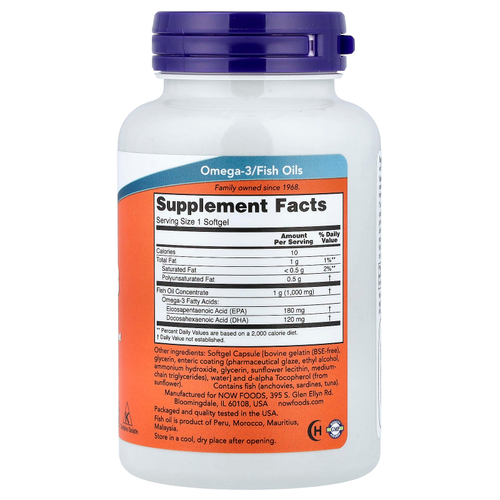 NOW Foods, рыбий жир с омега-3, 90 капсул