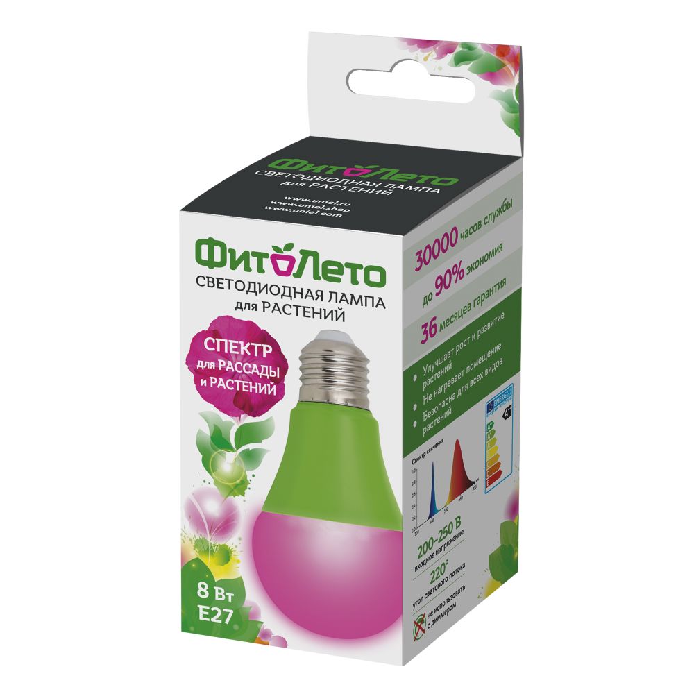 LED-A60-8W-SPSB-E27-CL PLP30GR Лампа светодиодная для растений. Форма A. прозрачная. Спектр для рассады и цветения. Картон. ТМ ФитоЛето