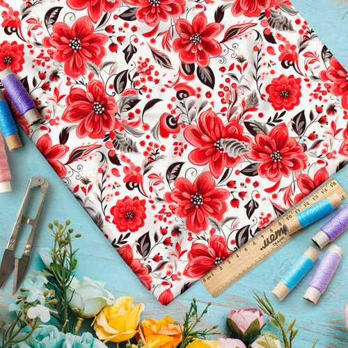 Ткань премиум шелк искусственный Армани красная цветочная иллюстрация