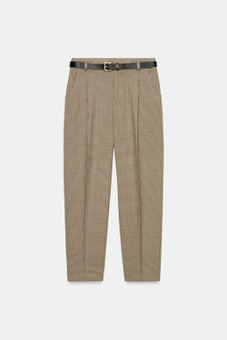 ZARA БРЮКИ «ГУСИНАЯ ЛАПКА» С РЕМНЕМ, РЫЖЕВАТО-КОРИЧНЕВЫЙ