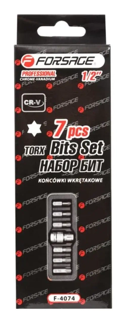 Набор бит TORX с битодержателем,7пр.1/2''(L:30мм,Т25,Т30,Т40,Т45,Т50,Т55), в ложементе Forsage F-4074
