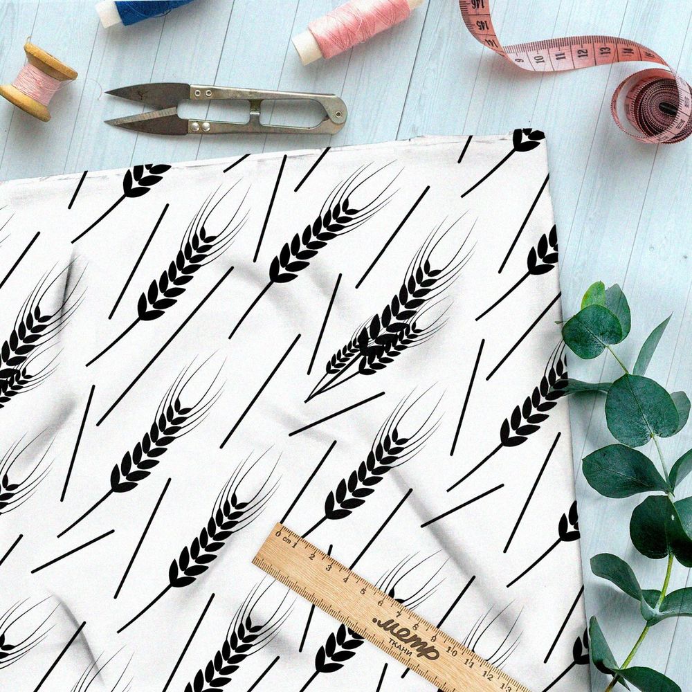 Ткань премиум габардин черные колосья на белом