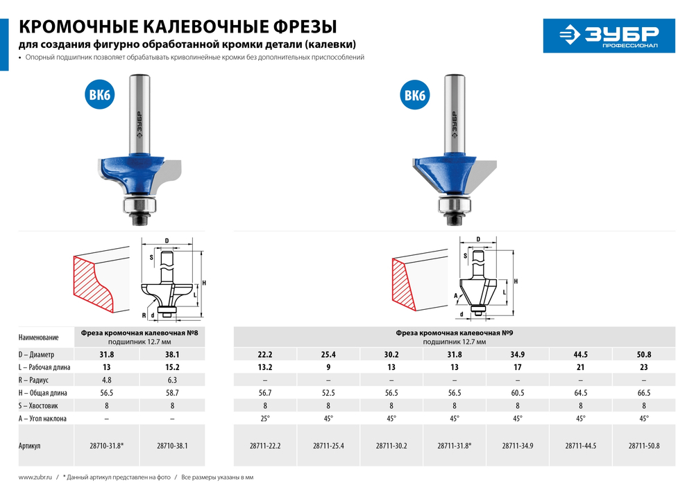 ЗУБР 44.5 x 23 мм, фреза кромочная калевочная (фасочная) №9, Профессионал (28711-44.5)