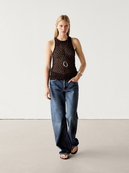 Massimo Dutti Топ с ажурным узором и горловиной халтер, коричневый