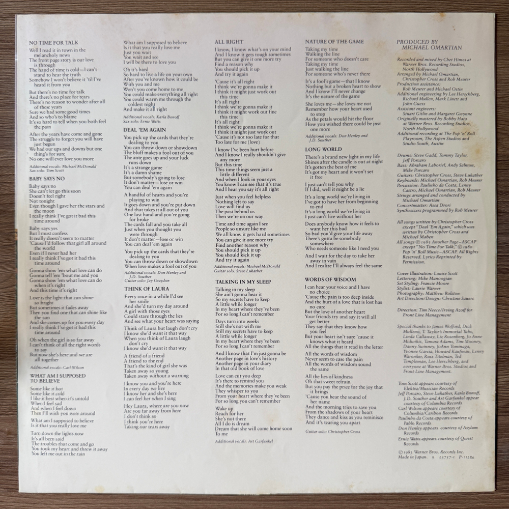 Виниловая пластинка Christopher Cross ‎– Another Page LP