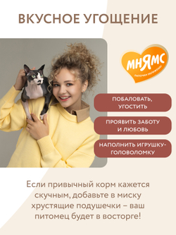 Лакомство Мнямс "Выведение шерсти" хрустящие подушечки для кошек с цыпленком 60 г.