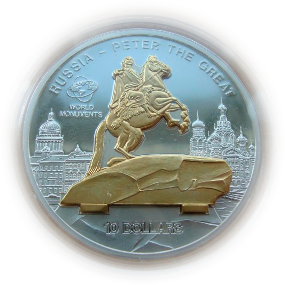 О-ва Кука 10 долларов 2009 Россия Медный всадник Памятник Петру I Мировые памятники 3D ПРУФ СЕРЕБРО