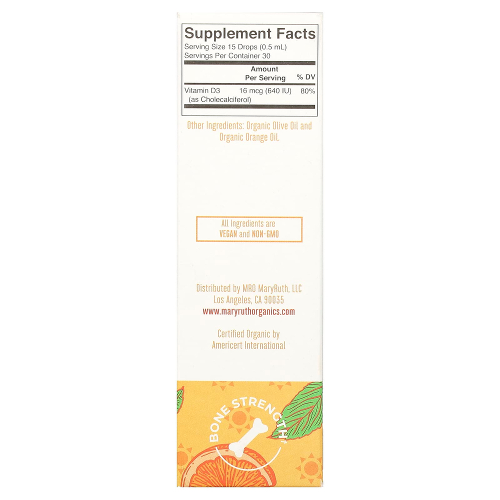 MaryRuth's, Organic Kids Vitamin D3, жидкие капли, для детей от 4 до 13 лет, со вкусом апельсина, 640 МЕ, 15 мл (0,5 жидк. Унции)