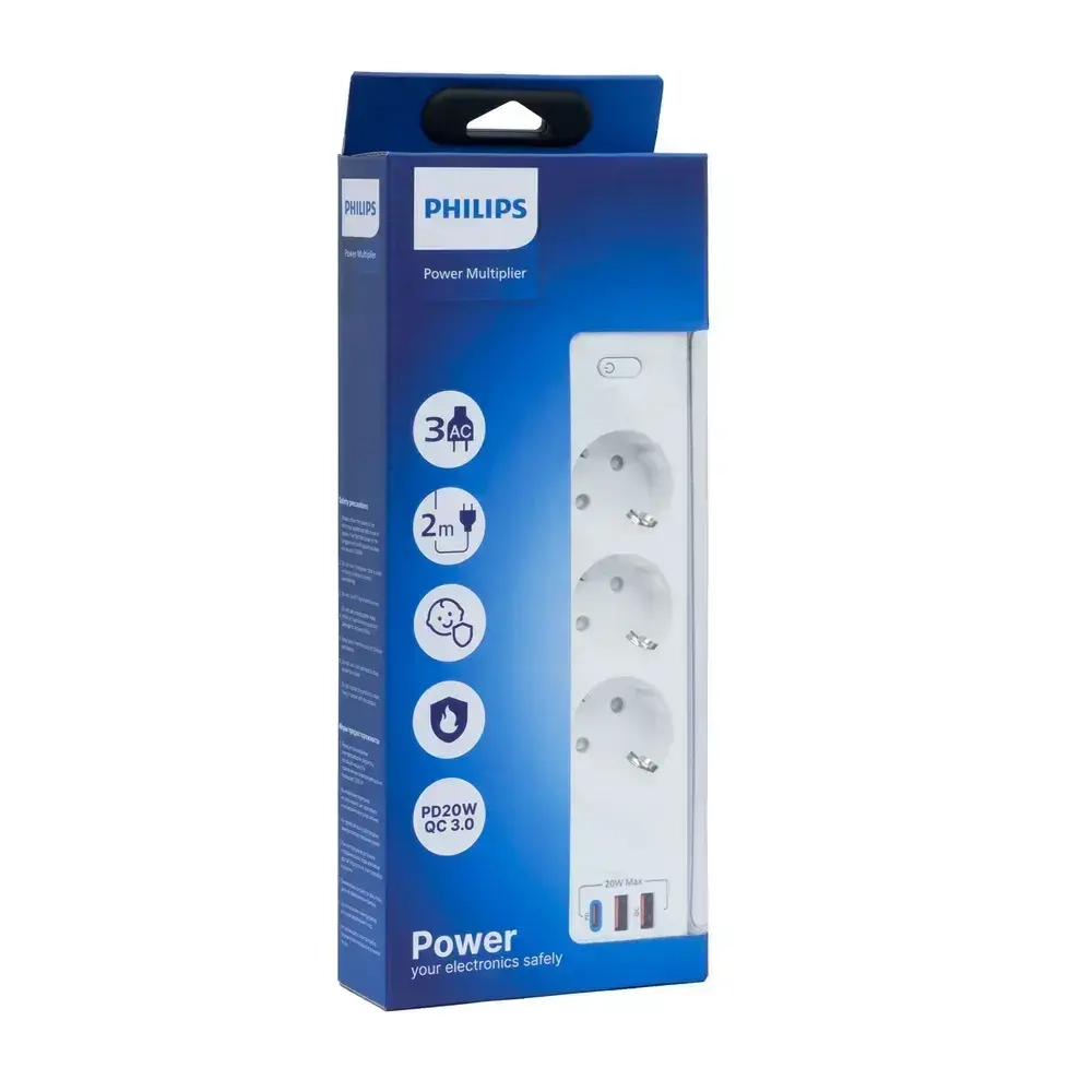 Сетевой фильтр удлинитель Philips CHP4336WA/51 с тремя стандартными розетками EU, 2 USB-A, Type-C, с заземлением и защитой от перегрузок, 2 м, белый