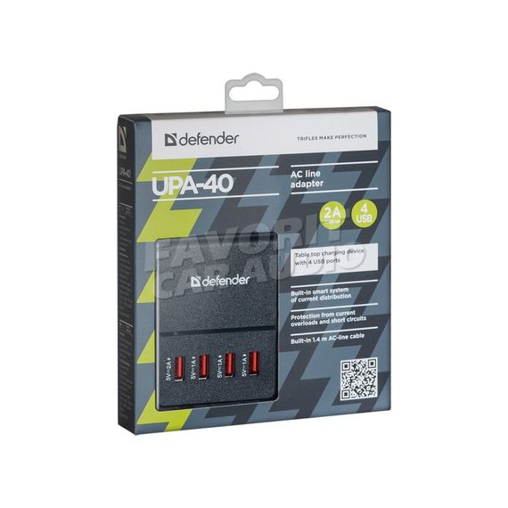 СЗУ 4 USB Defender UPA-40 5000mAh пластик кабель 1.4м чёрный